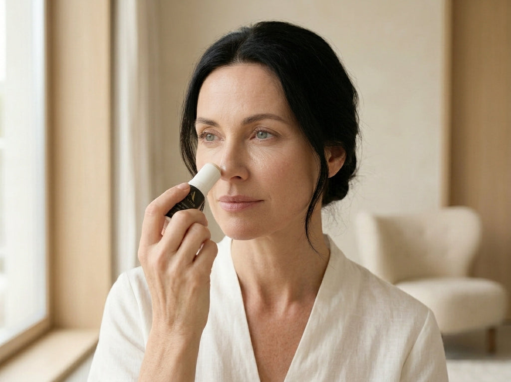 Kobieta aplikująca mineralny SPF 50 w sztyfcie Avenoir na nos